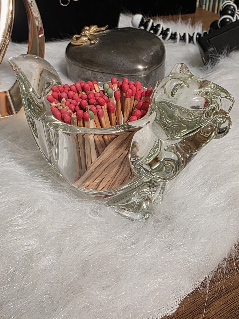 MCM Glass Votive Squirrel Shaped Match Holder with Red-Head Matches